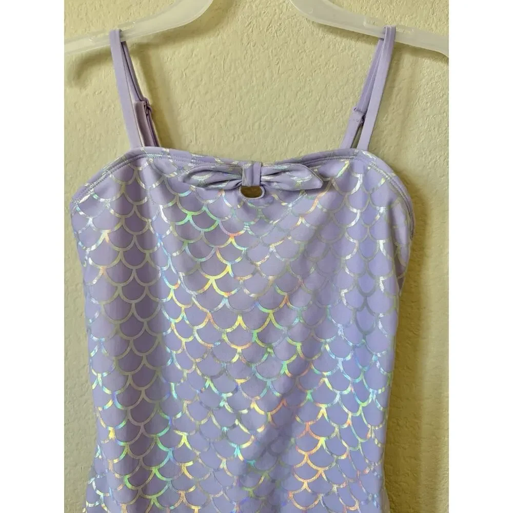 Cat & Jack Purple Mermaid Bow Adjustable Straps One Piece Swimsuit Size XL 14